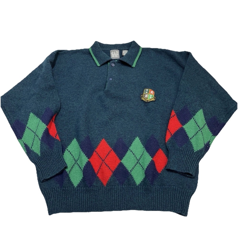 Vintage Gap Sweater Green Wool XL Polo World Classic Patch Argyle Trim Old Money